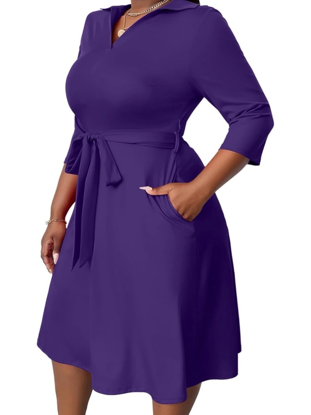 FANDEE Women's Purple Collared Tie-Waist A-Line Dress - Picture 3 of 9